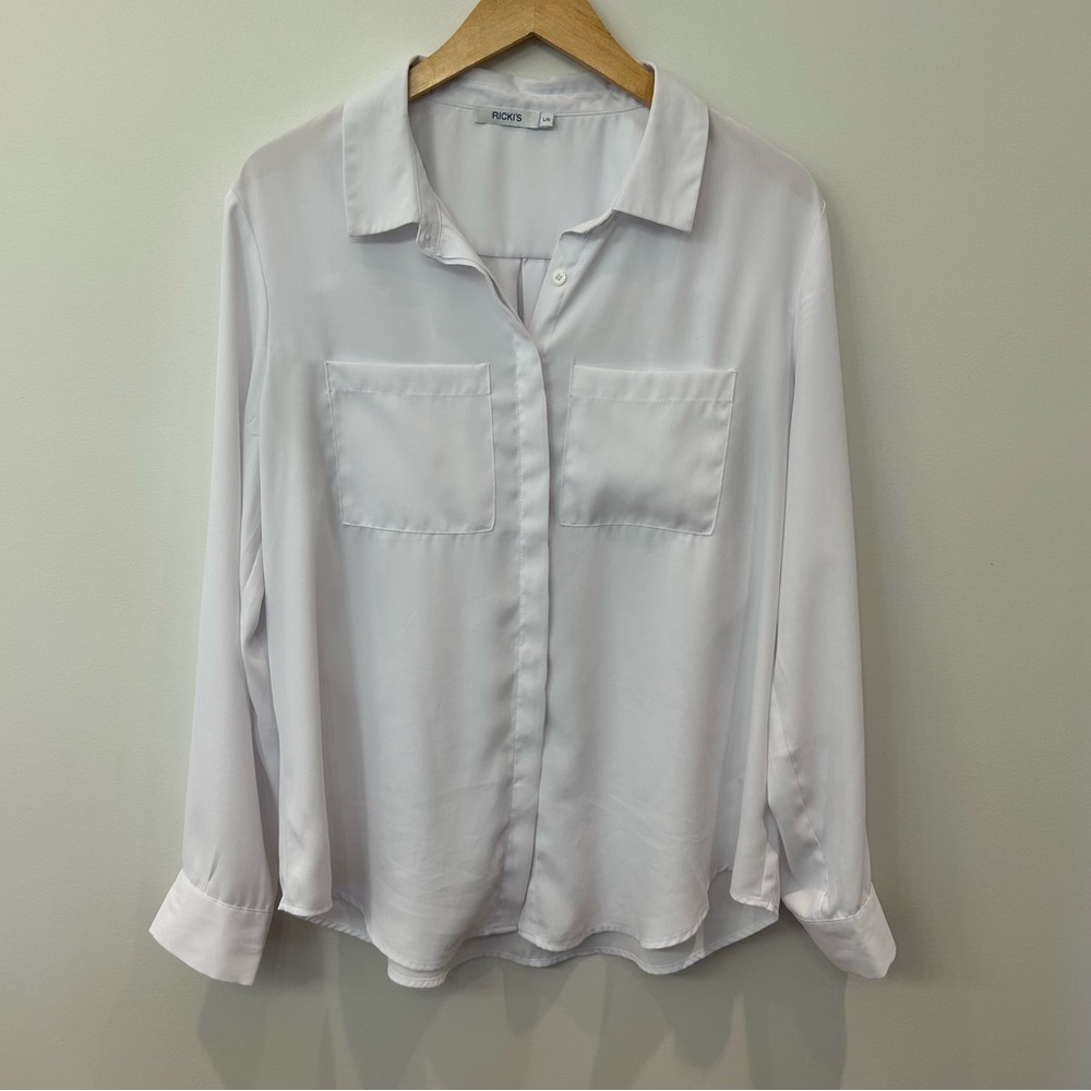RICKIS, White Button Up Shirt, Long Sleeve, Size Large